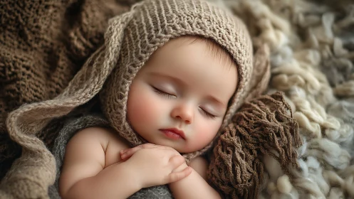 Sleeping newborn in knitted bonnet surrounded by textured fabrics.