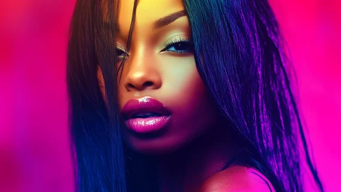 Vibrant neon portrait of woman with glossy pink lips.
