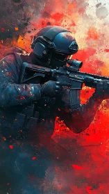 Tactical operator with carbine framed in explosive red burst.