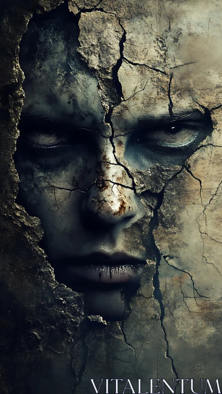 Cracked earth mask unveiling a haunted, sleepless stare.