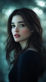 Ethereal brunette portrait in teal bokeh environment.