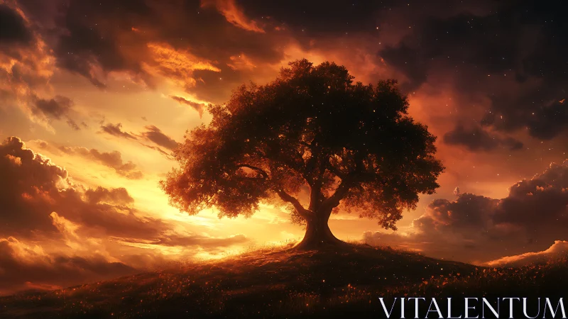 Radiant hillside tree under volumetric sunset cloudscape.