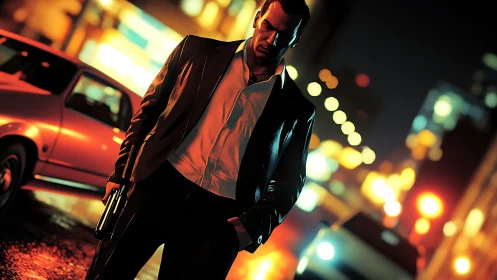 Hitman stands tense beneath neon soaked city streetlights