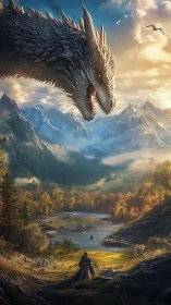 Draconic confrontation over alpine valley in cinematic light.