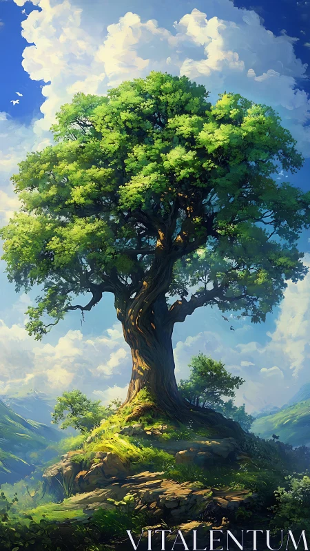 Solitary broad-crowned tree on rocky hill in daylight.