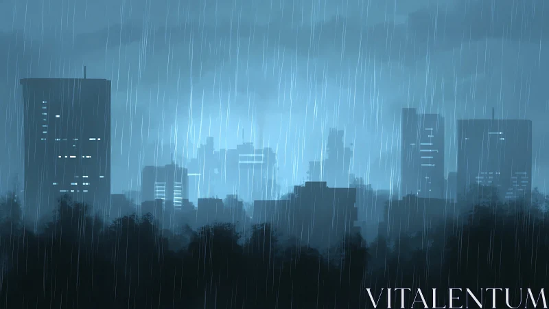 Quiet rainy city skyline wrapped in soft blue evening light.