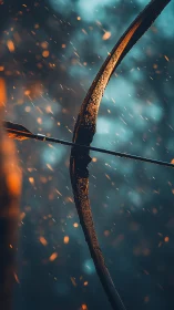 Cinematic close-up of drawn bow and arrow amid sparks.