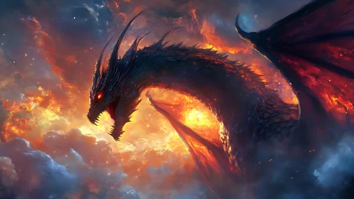 Infernal sky dragon coiling through blazing storm clouds.