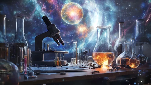 Laboratory microscope under nebula-lit cosmic skyline.