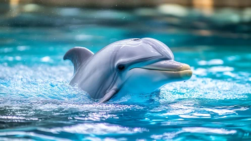 Bottlenose dolphin surfacing in clear blue pool water.