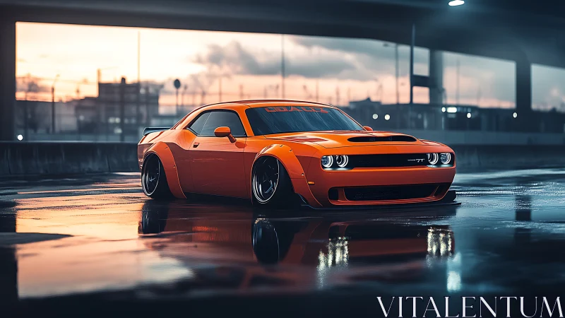 Widebody orange muscle car on wet asphalt at dusk