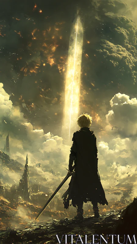 Lone swordsman watches radiant pillar split stormed sky