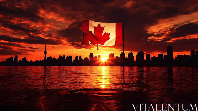 Canadian flag over sunset skyline with reflective water glow.