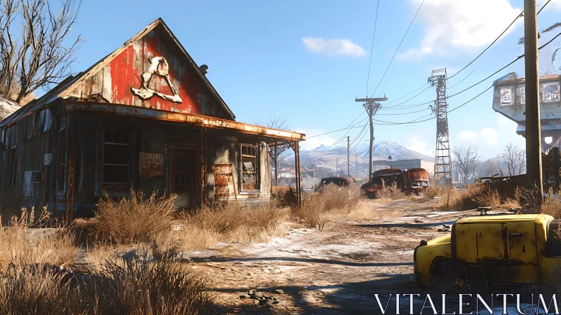 Derelict roadside structures in a dry, snow-dusted landscape.