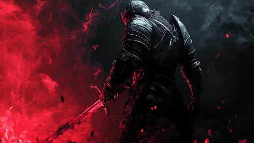 Armored warrior with sword amid red and black smoke.