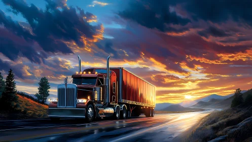 Sunset freight truck powers along a glowing mountain highway