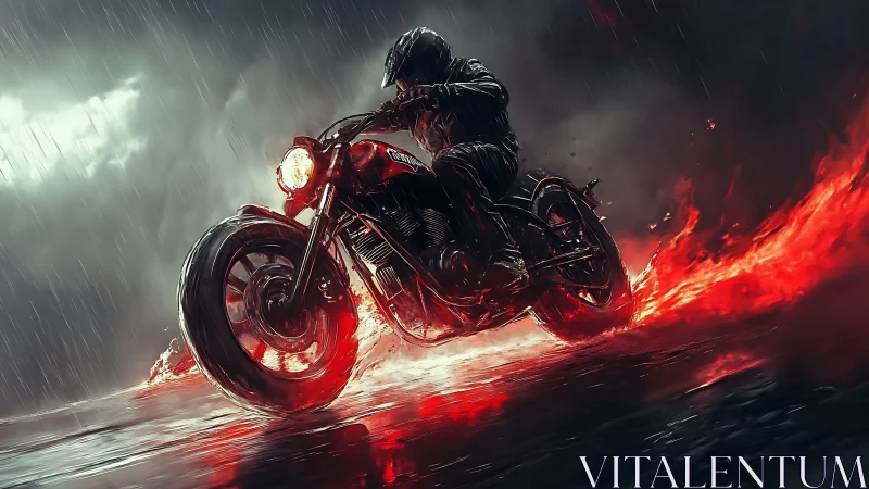 Motorcyclist on wet road with flaming red tire tracks.