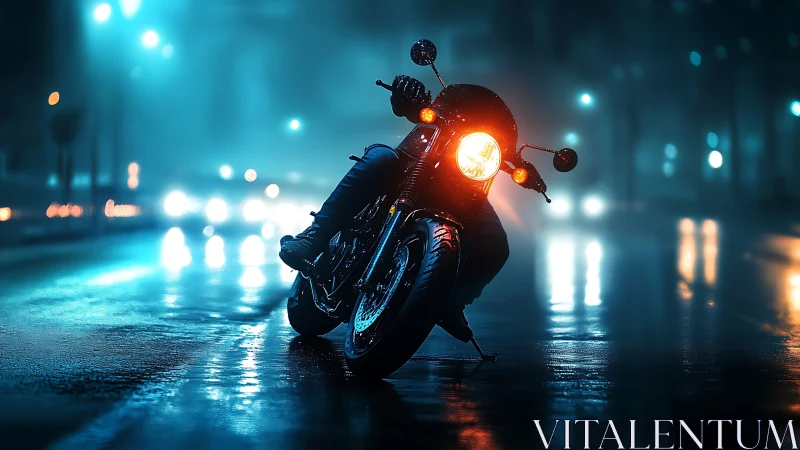 Motorcycle leans into neon-lit rain-soaked city street at night.