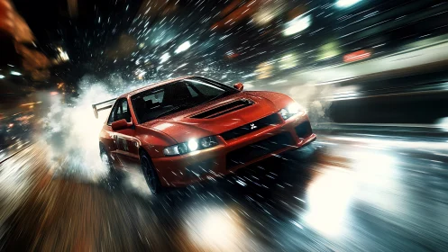 Red sports car drifts through wet city street at high speed