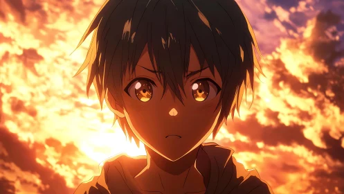 Anime boy portrait against vivid orange sunset sky backdrop.