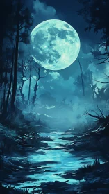 Enormous blue moon illuminates an ethereal midnight river.