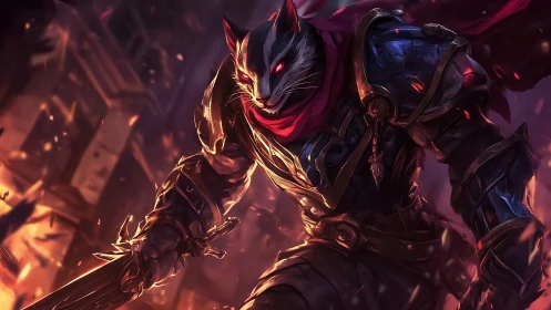 Armored warrior cat strides through burning, ruined cityscape