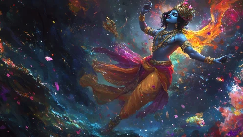 Divine blue dancer amid cosmic nebula and swirling petals.