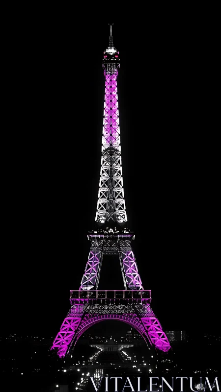 Eiffel Tower structure is illuminated with selective magenta lighting