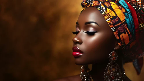 Elegant African Woman Portrait with Colorful Headwrap in Studio.