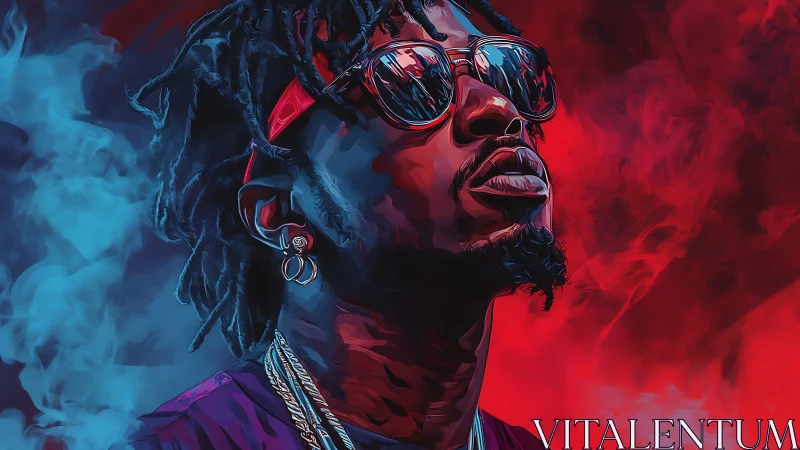 Stylized portrait of man in red-blue smoke with reflective glasses