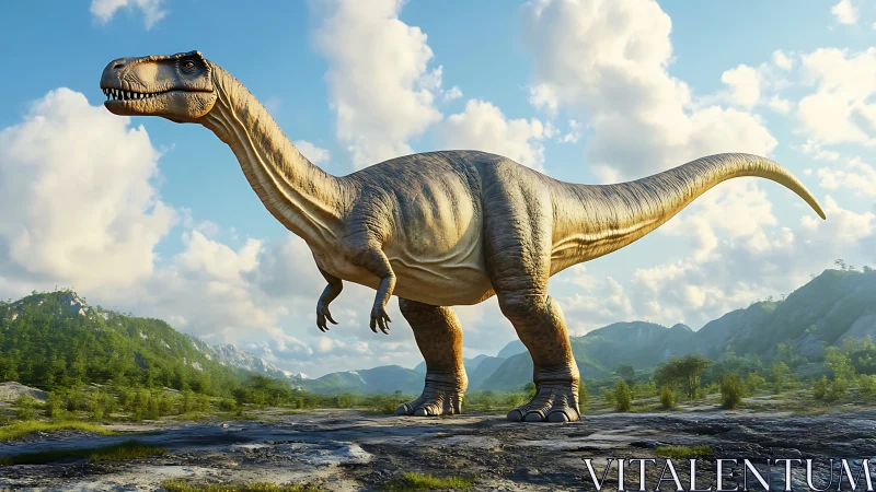 3D dinosaur rendering under bright prehistoric sky landscape.