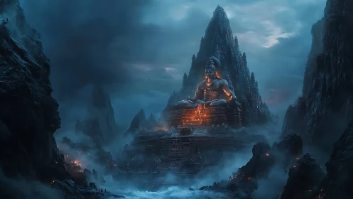 Colossal mountain deity temple amid stormy blue mist.