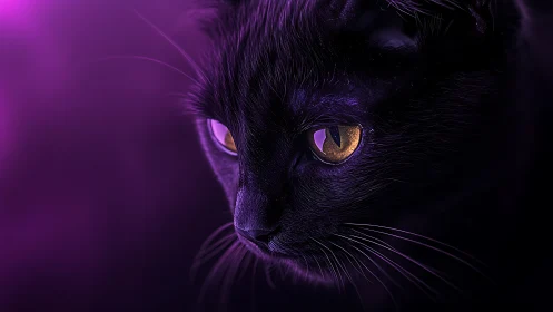 Black Cat's Glowing Gaze Pierces Purple Twilight Mist