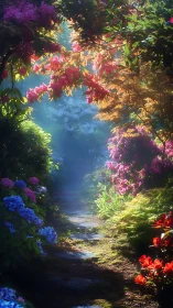 Sunlit blossom tunnel over a secret mossy garden path.