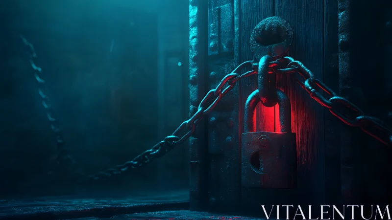 Heavy chained padlock on dark door with red backlight.