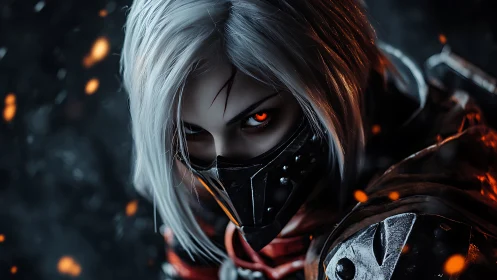 Cyberpunk assassin close-up with glowing eyes and armor plating.