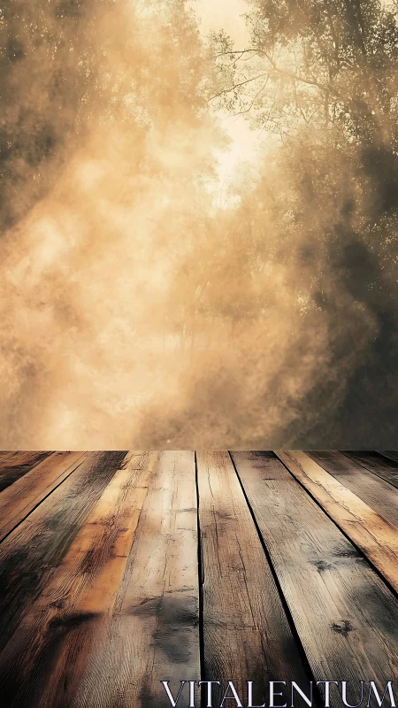 Weathered wooden platform extends toward diffuse forest haze