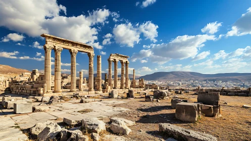 Ruined classical colonnade in arid landscape under sky.