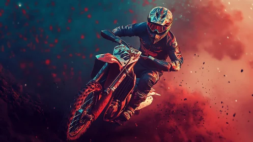 Motocross rider leans into a turn in vivid dust clouds.