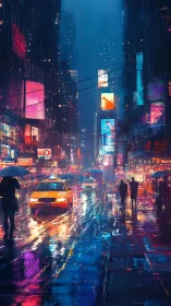 Neon taxis cross rain-soaked avenue under electric billboards.