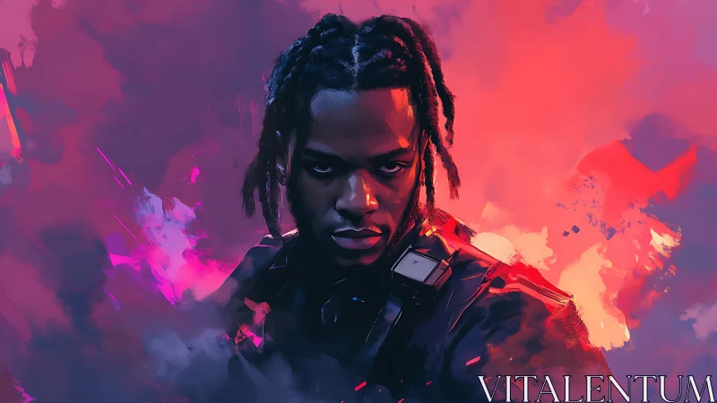 Intense portrait in glowing pink and blue neon clouds.