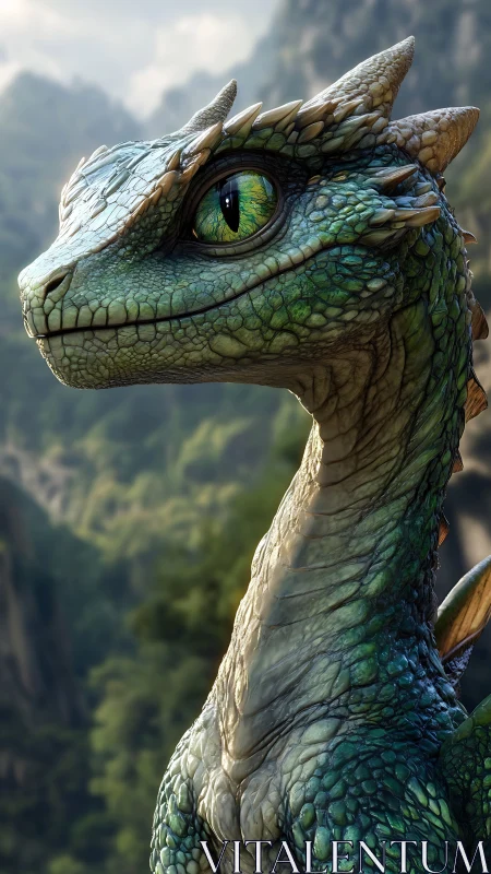 Verdant juvenile dragon portrait with hyperreal scales.