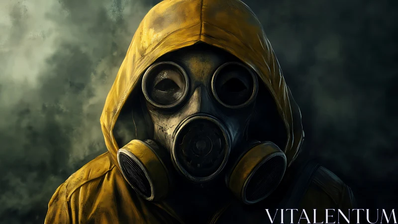 Hooded survivor studies the toxic hush through glass and rubber