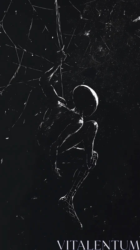 Noir web-slinger poised in cosmic ink and fractured lines.