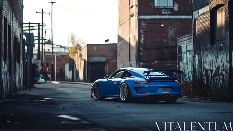 Blue street predator idling between brooding brick canyons.