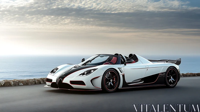 White hypercar convertible on coastal highway at sunrise.