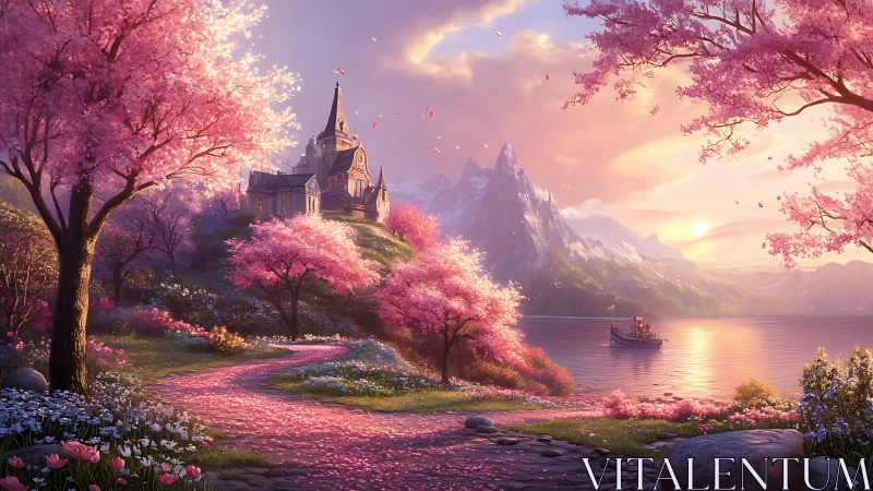 Fantasy lakeside chapel under cherry blossom sunset.