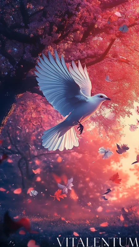 White dove rising through luminous cherry blossom twilight.