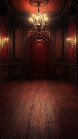 Opulent red corridor ends at a mysterious wooden door.