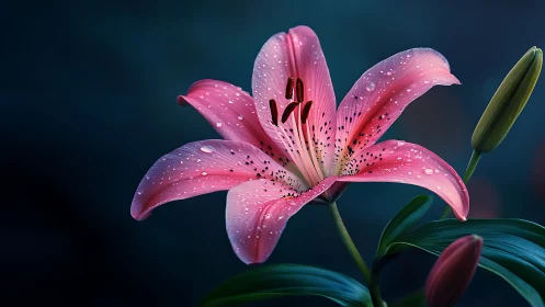 Macro close-up of dewy pink lily blossom against dark bokeh
